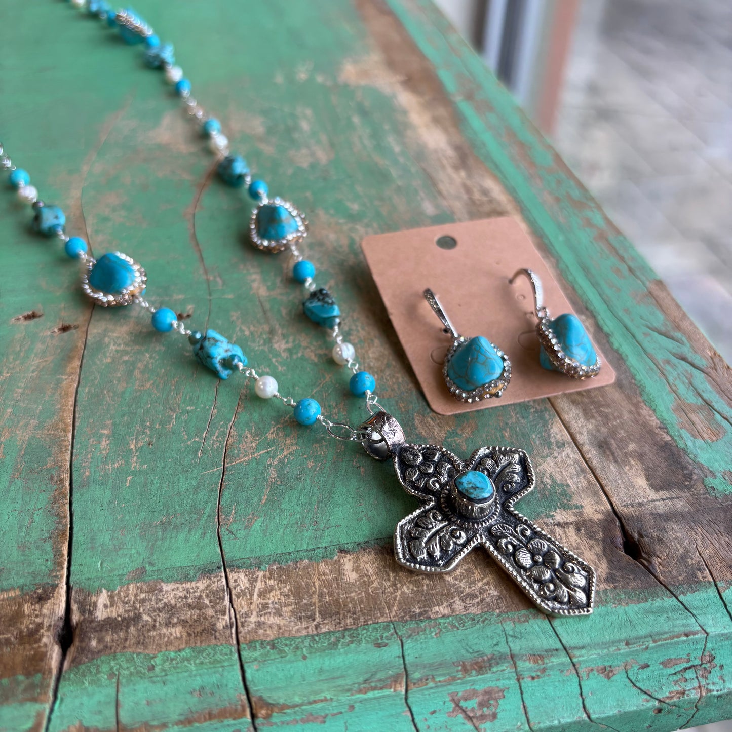 Turquoise Sparkle Cross Necklace or Earrings