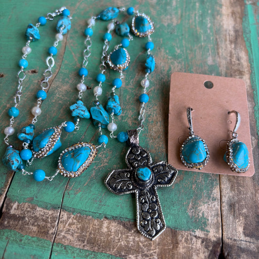 Turquoise Sparkle Cross Necklace or Earrings