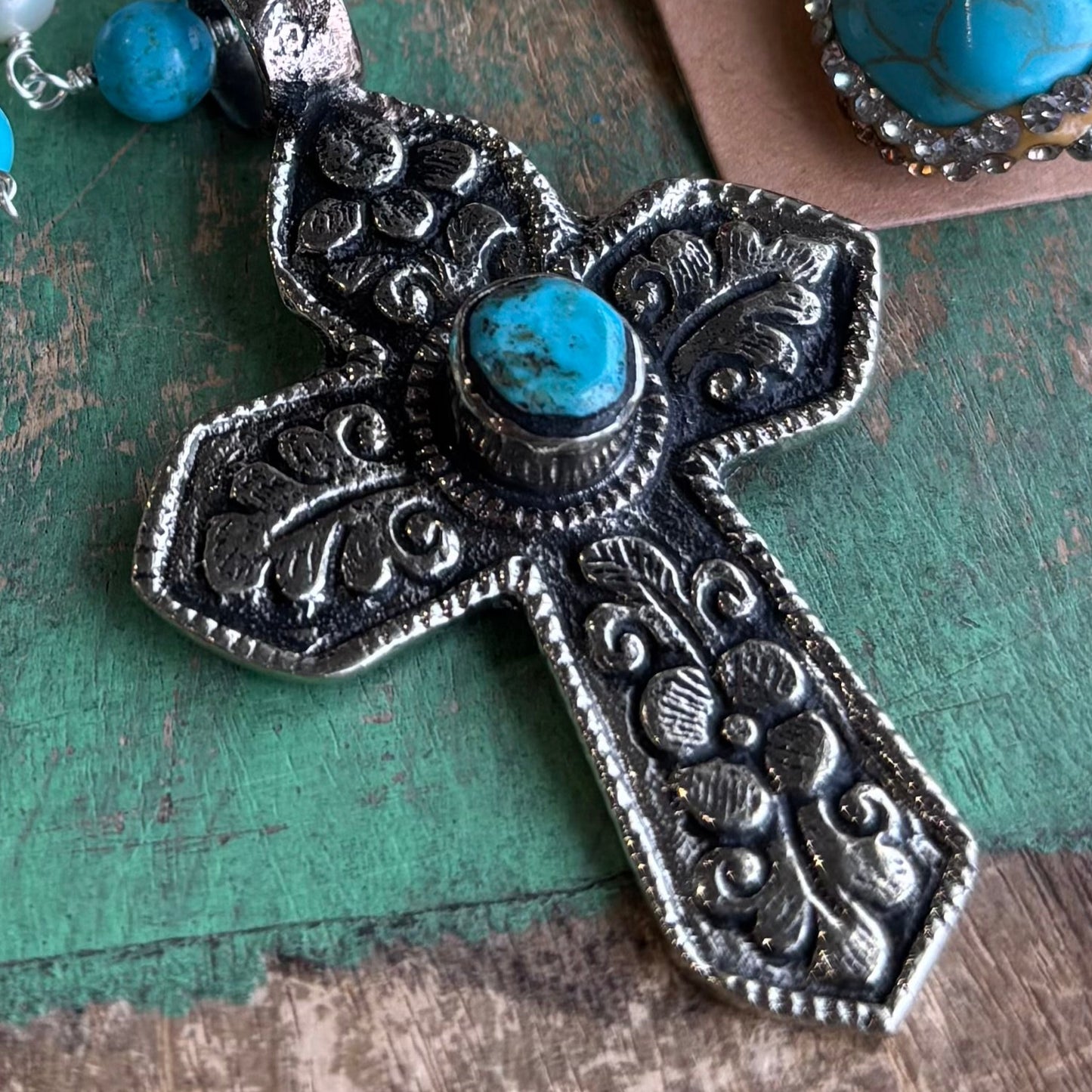 Turquoise Sparkle Cross Necklace or Earrings