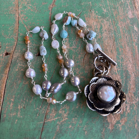 Peaceful Pearl Flower Necklace or Ring