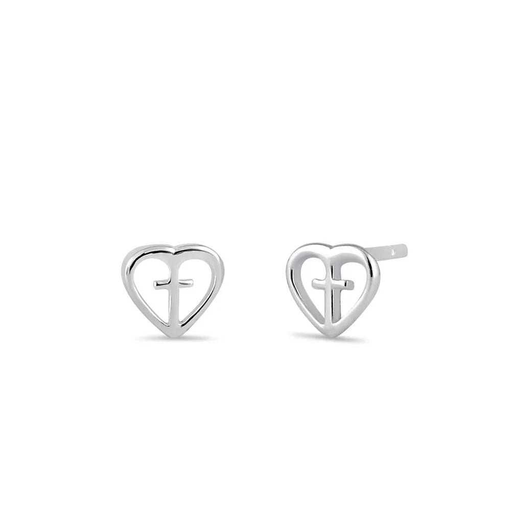 Sterling Silver Heart With Cross Earrings