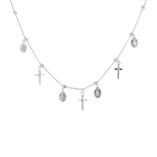 Sterling Silver Miraculous Medal and Tiny Cross Charm Set