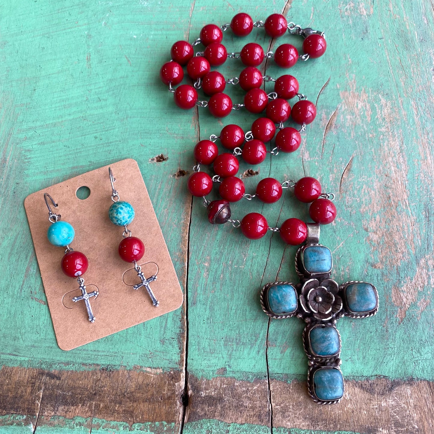 Red and Turquoise Cross Necklace and Earring Set