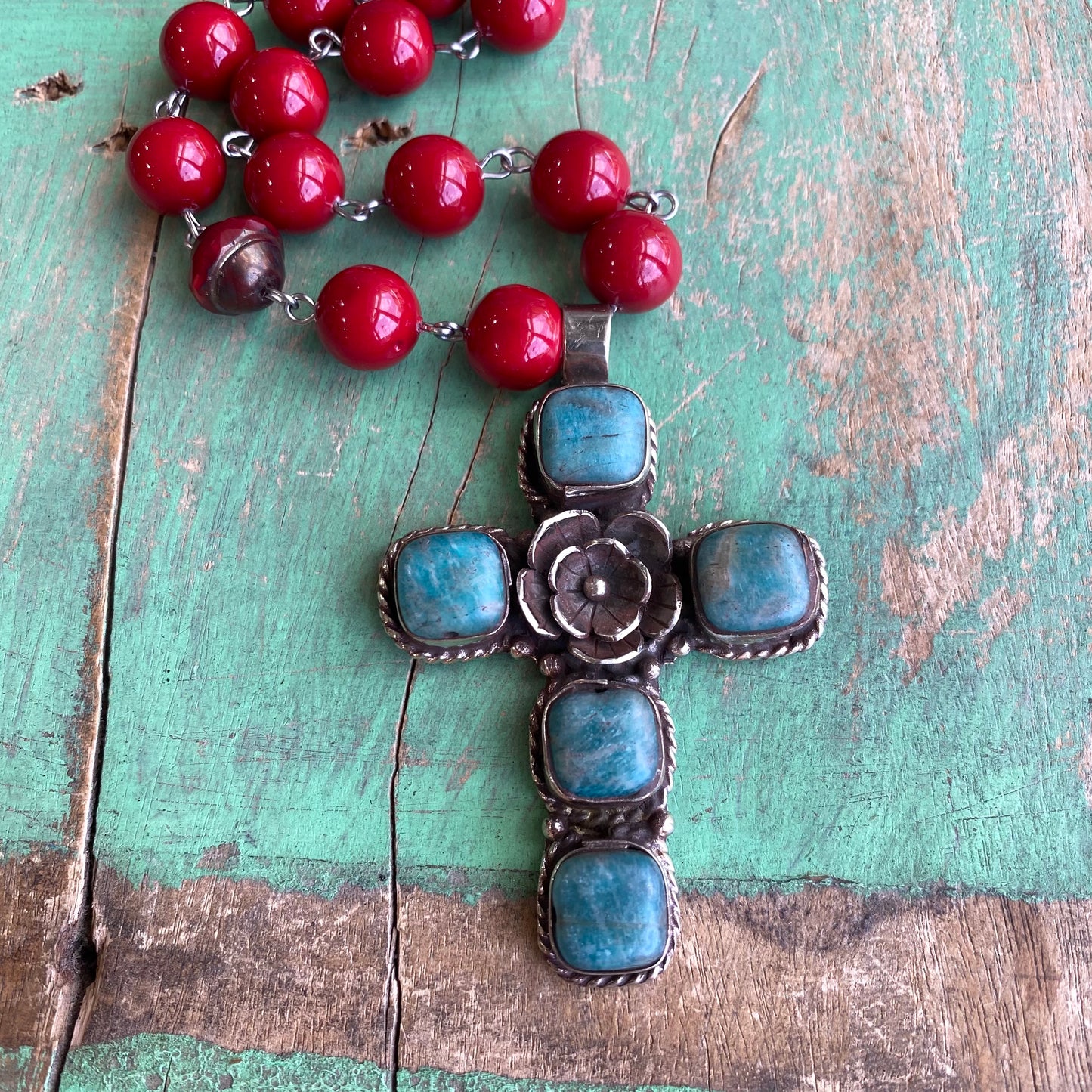 Red and Turquoise Cross Necklace and Earring Set