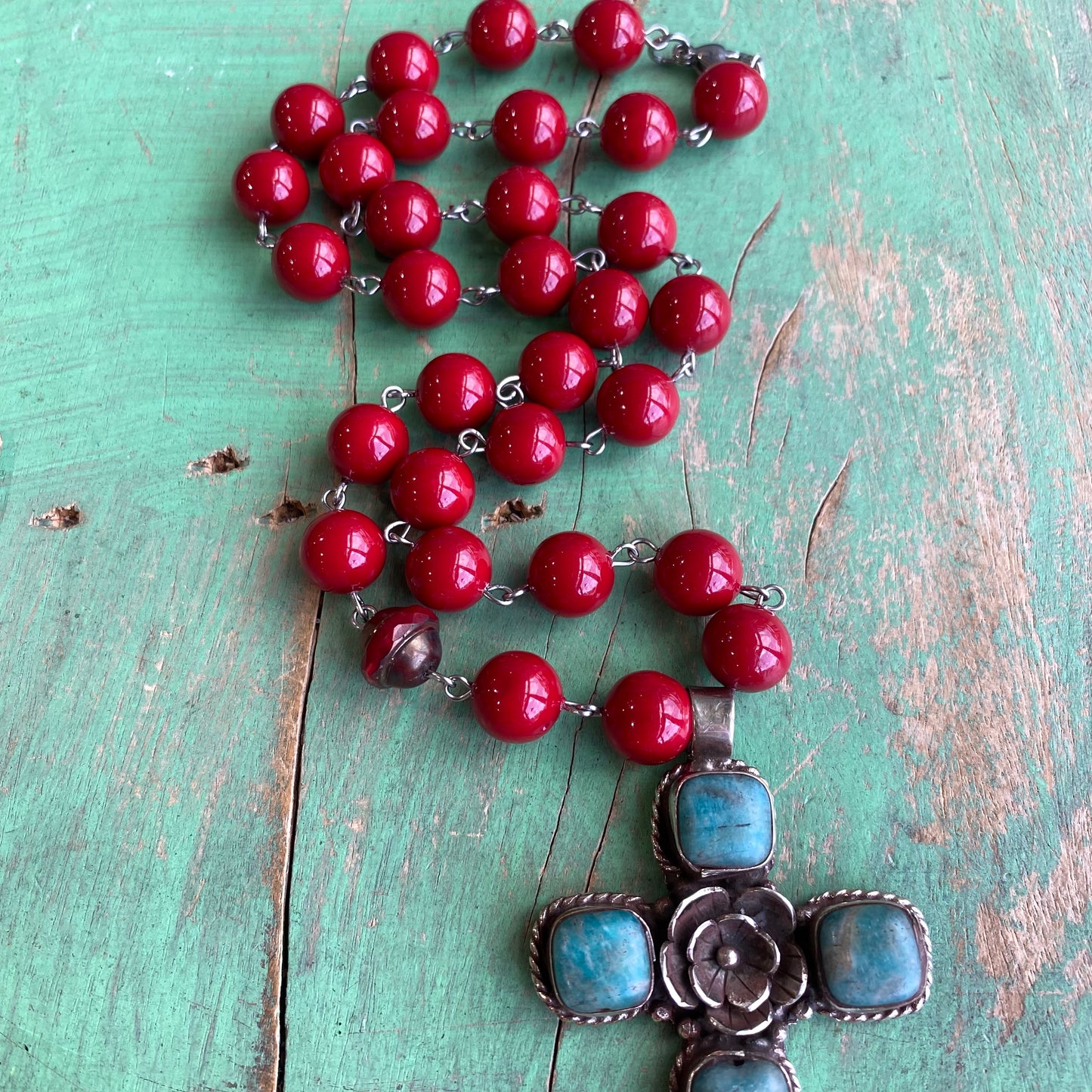 Red and Turquoise Cross Necklace and Earring Set