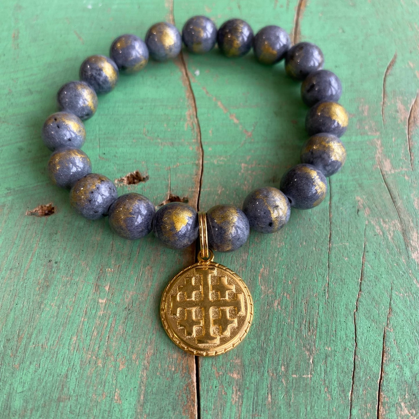 Grey Marble Jerusalem Cross Bracelet