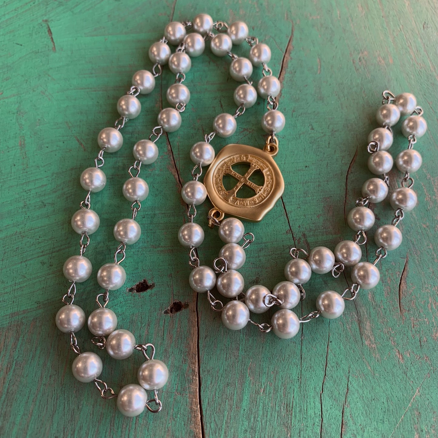 St Benedict Link Pearl Necklace and Earrings