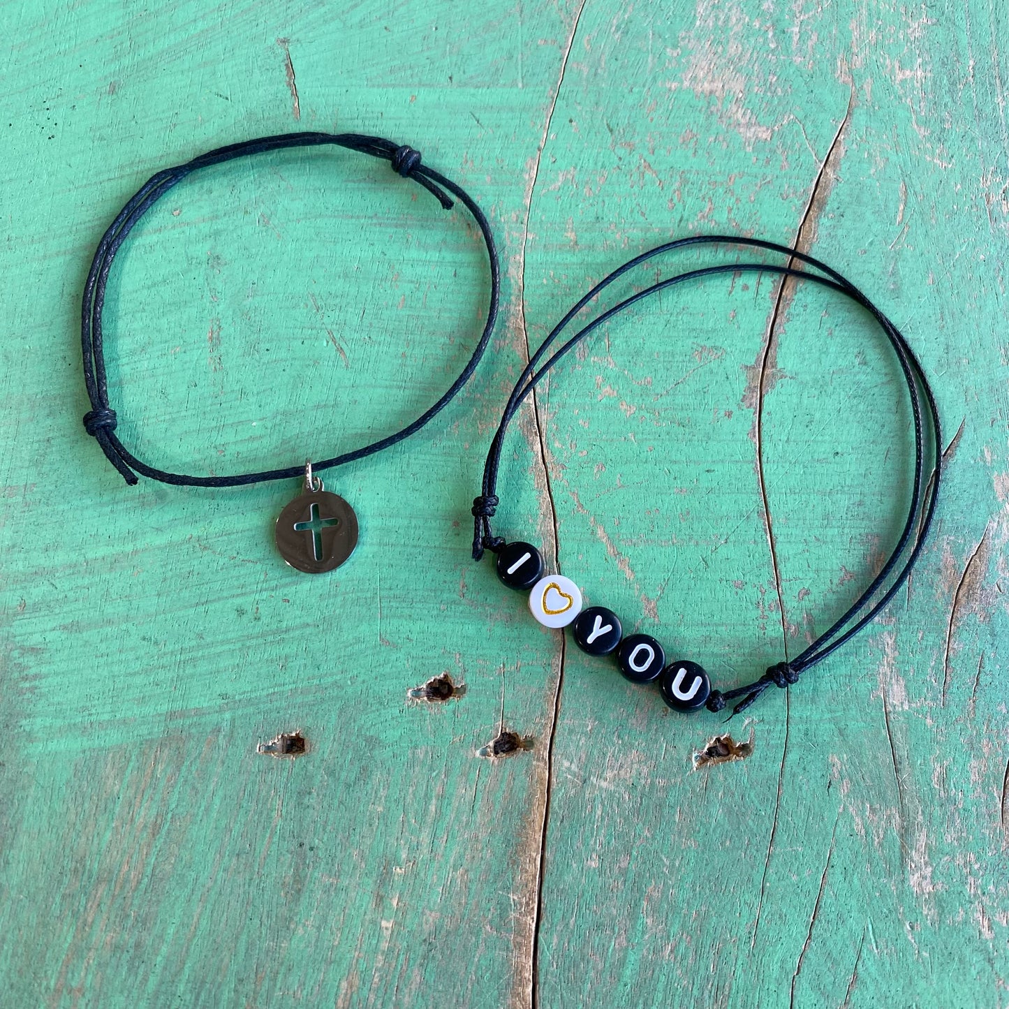 Simple Black Cord Cross and I Love You Bracelet