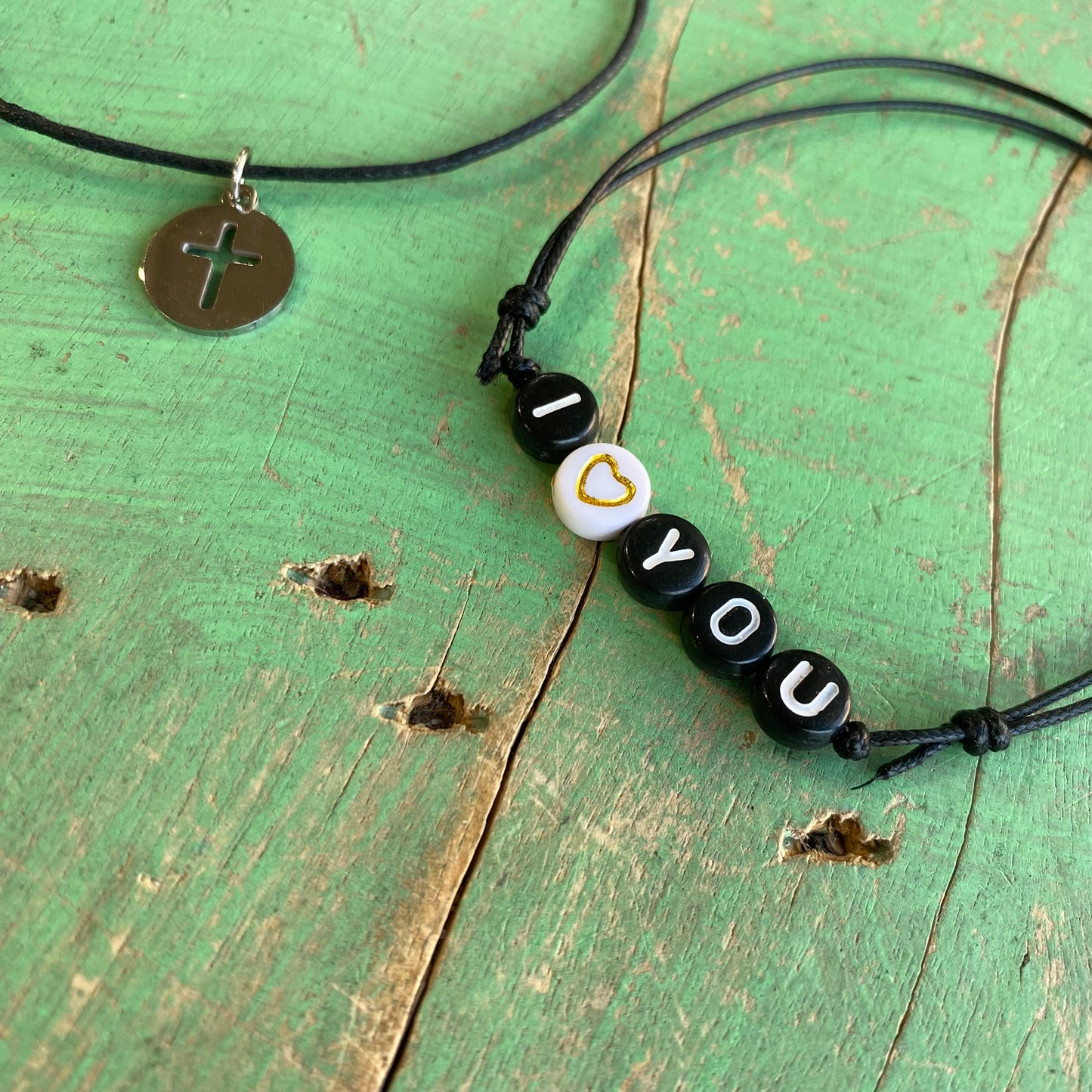 Simple Black Cord Cross and I Love You Bracelet
