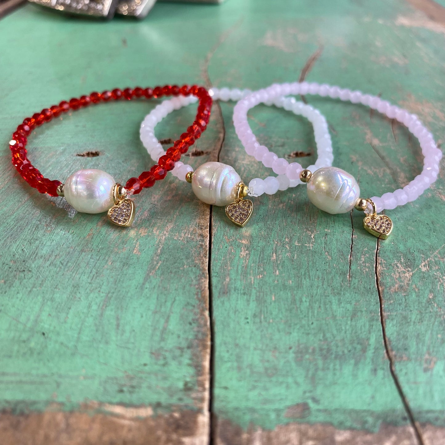 Crystal Heart Pearl Bracelets