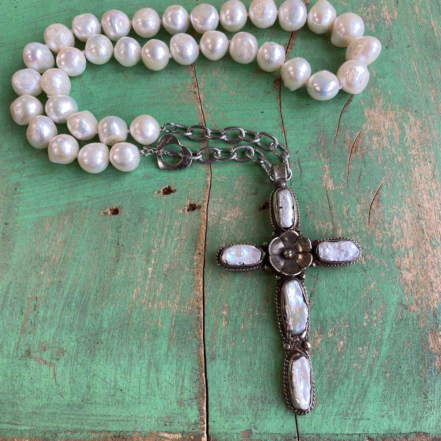 Toggle Clasp Freshwater Pearl Cross Necklace