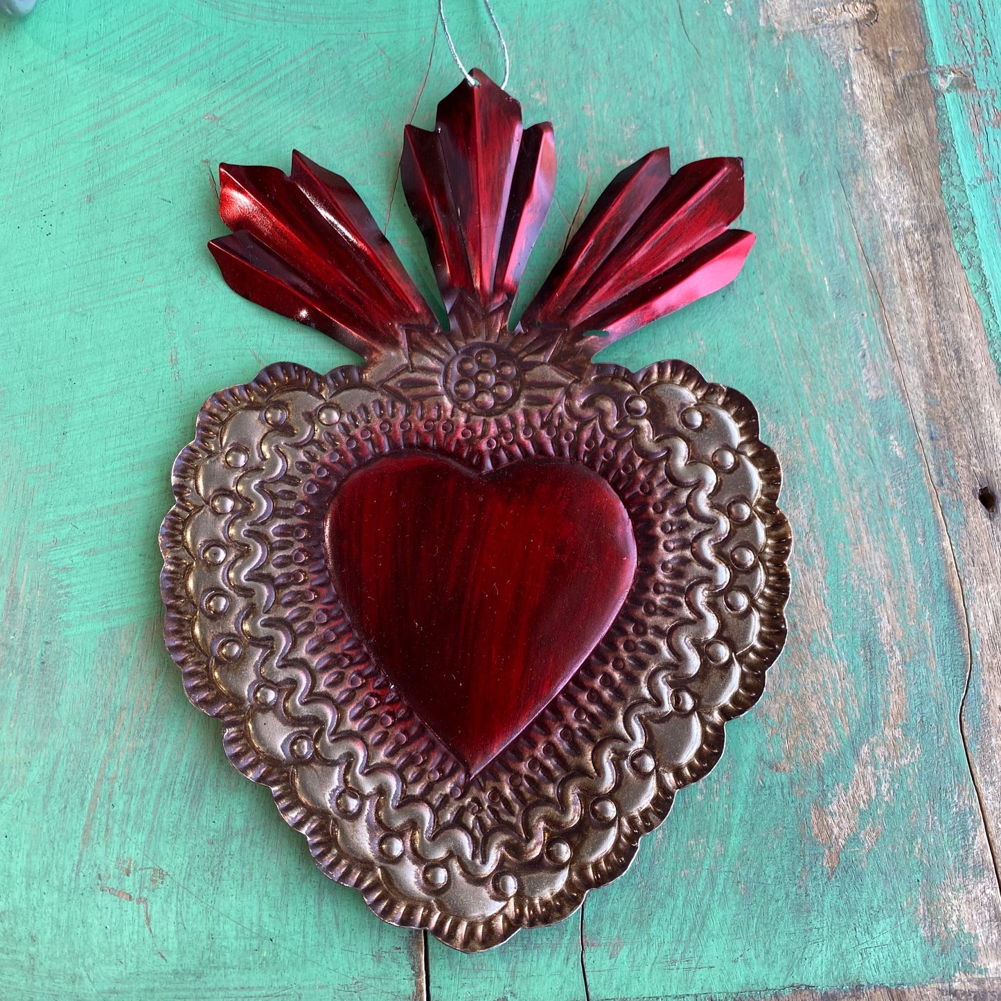 Red Tin Sacred Hearts Ornament