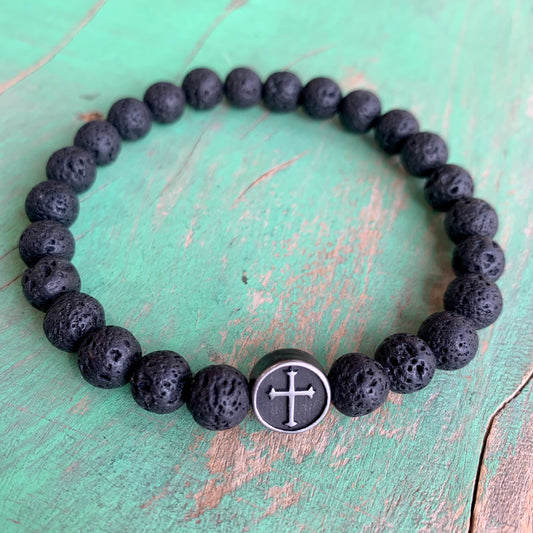 Black Lava Round Cross Bracelet