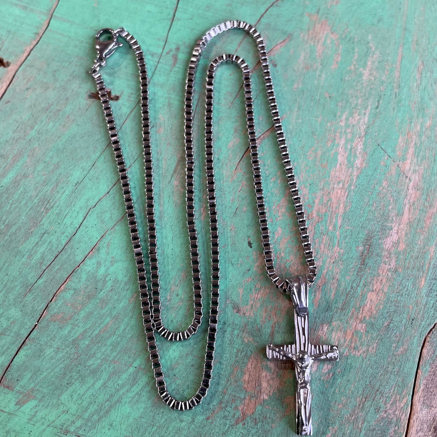 Stainless Steel Box Chain with Small Crucifix