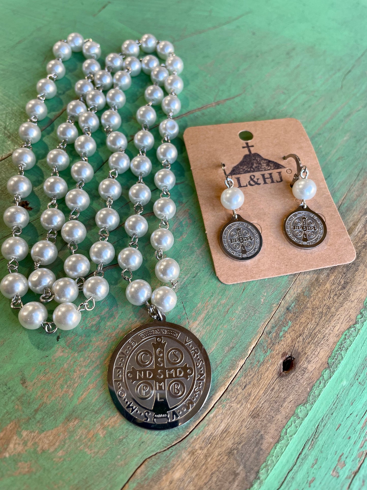 Long Pearl St Benedict Necklace and Earrings