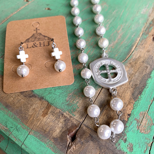 St Benedict Link Pearl Necklace and Earrings