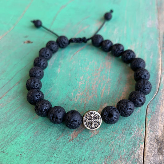 Bronze St Benedict on Lava Cord Bracelet