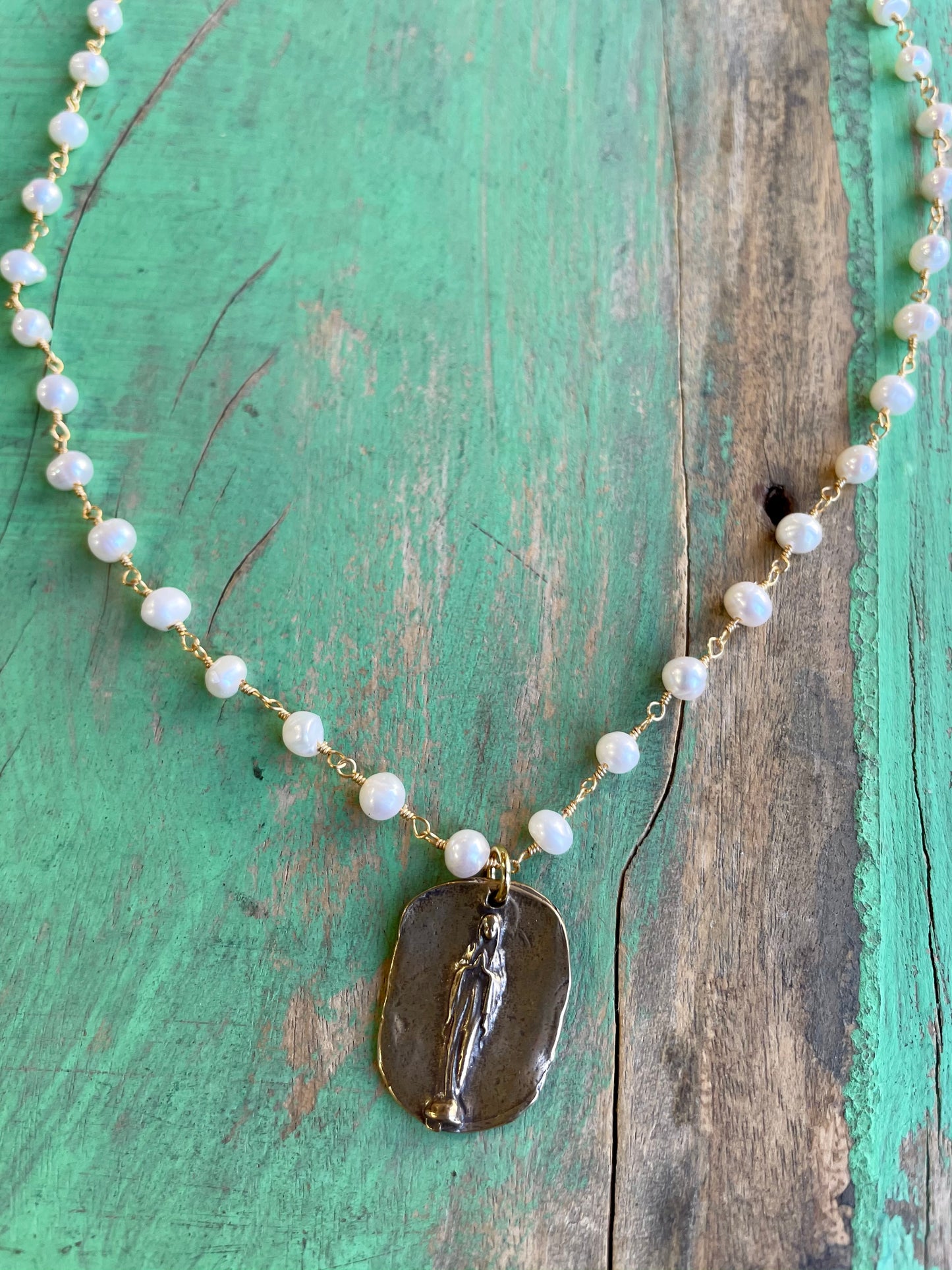 Pearl Bronze Mary Necklace