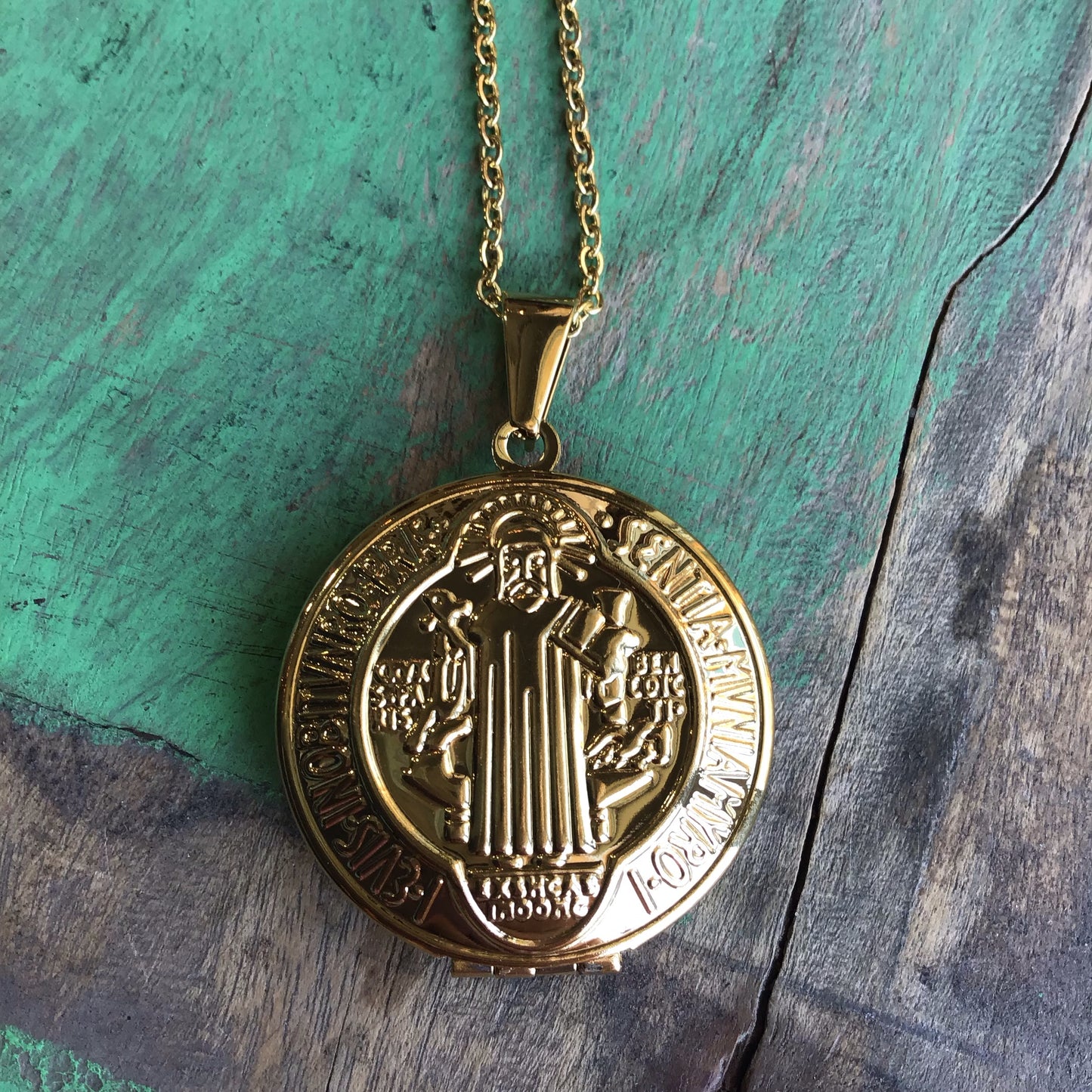 Gold Stainless Steel St. Benedict Necklace