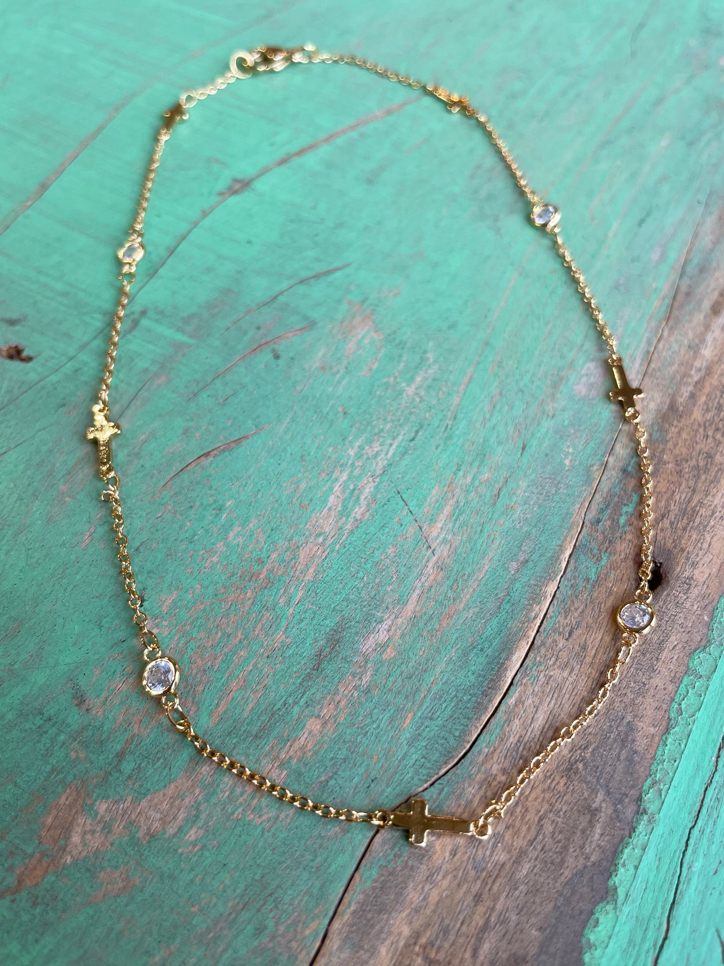 Sweet Sideways Cross Gold CZ Necklace