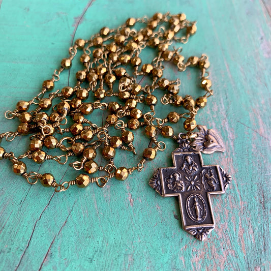 Long Gold Hematite 4 Way Cross Necklace