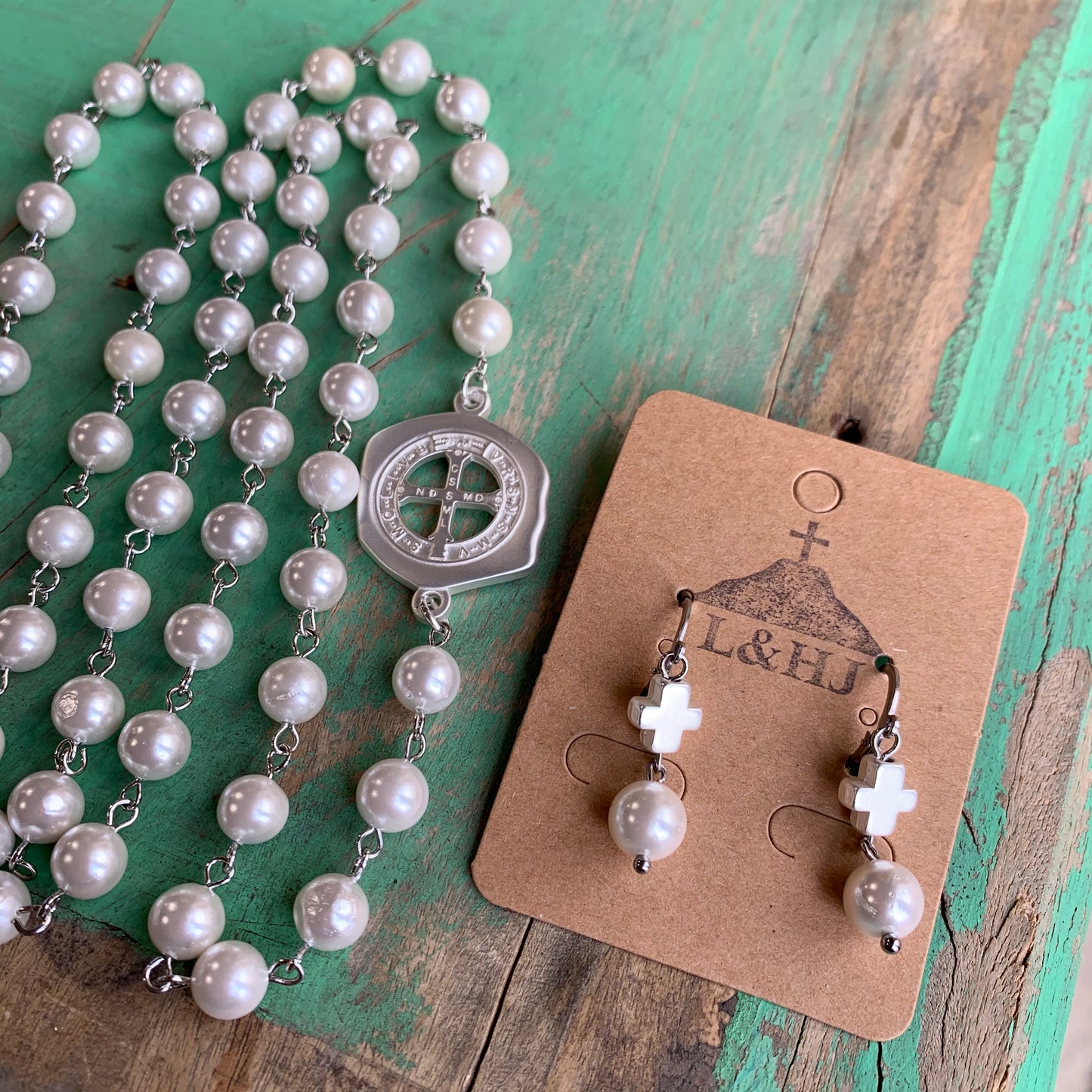 St Benedict Link Pearl Necklace and Earrings