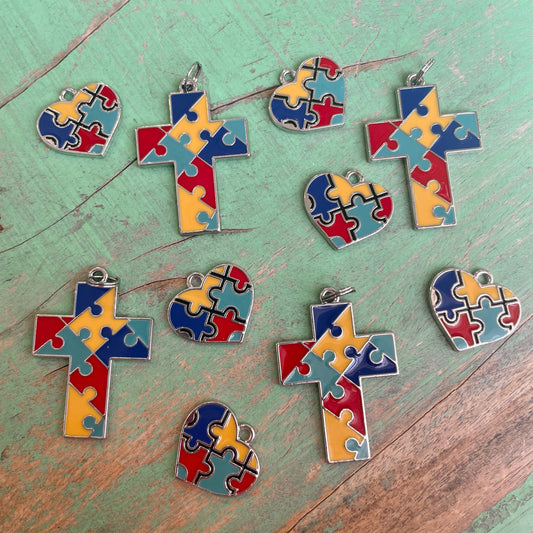 Autism Cross, Heart and Round Charms