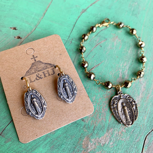 Gold Miraculous Medal Bracelet and Earrings