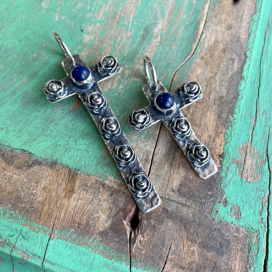 Sterling Silver Lapis Rose Cross