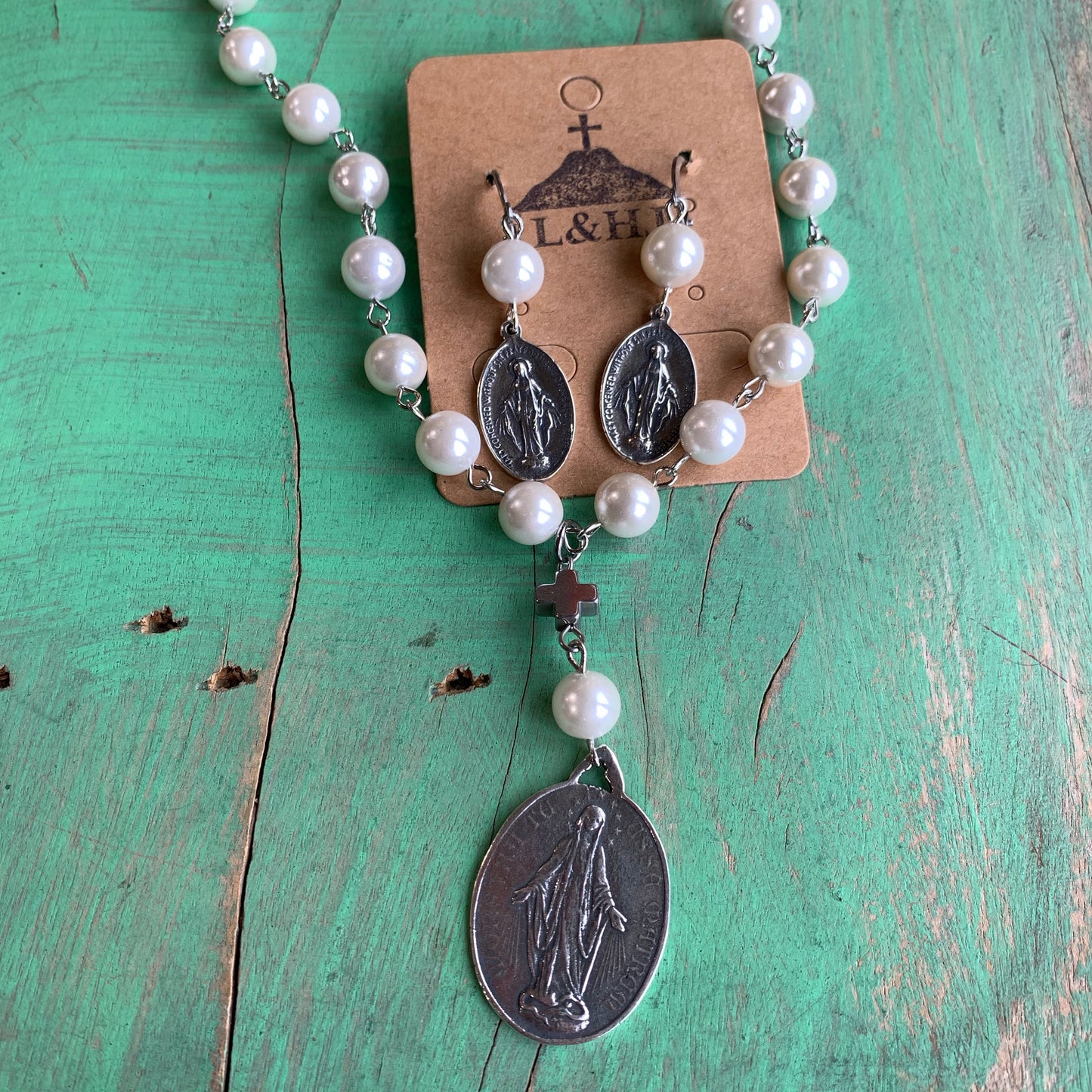 Miraculous Medal Pearl Drop Necklace and Earrings