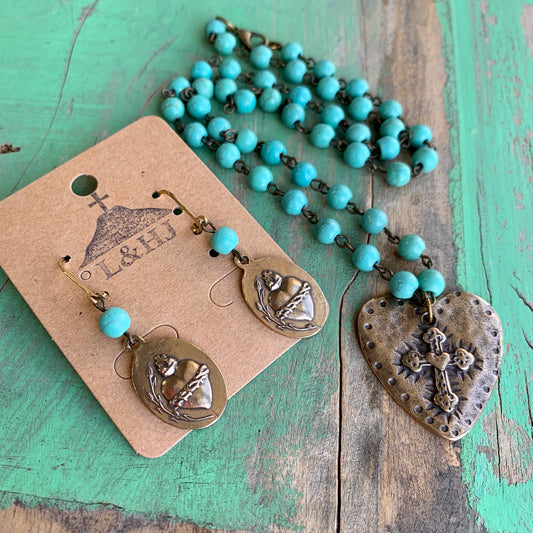 Turquoise and Bronze Heart Necklace and Earrings