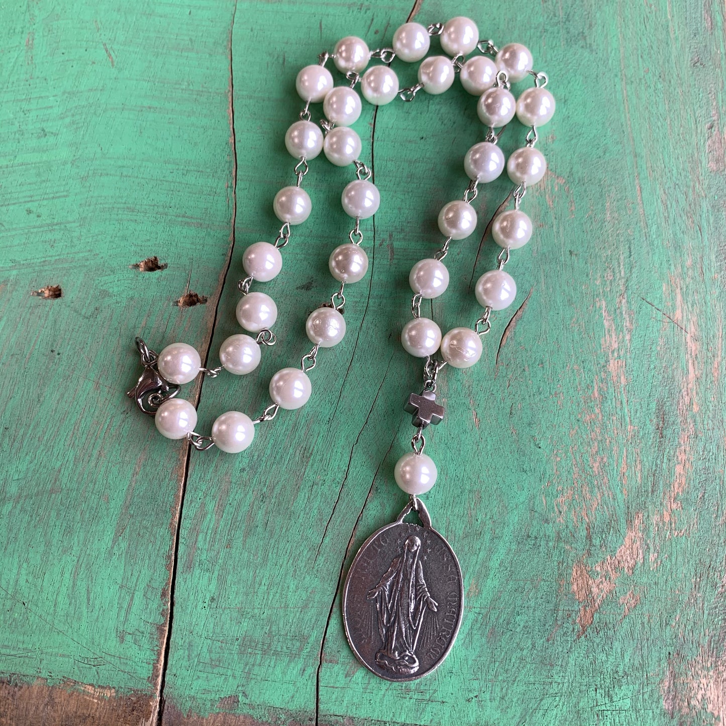 Miraculous Medal Pearl Drop Necklace and Earrings