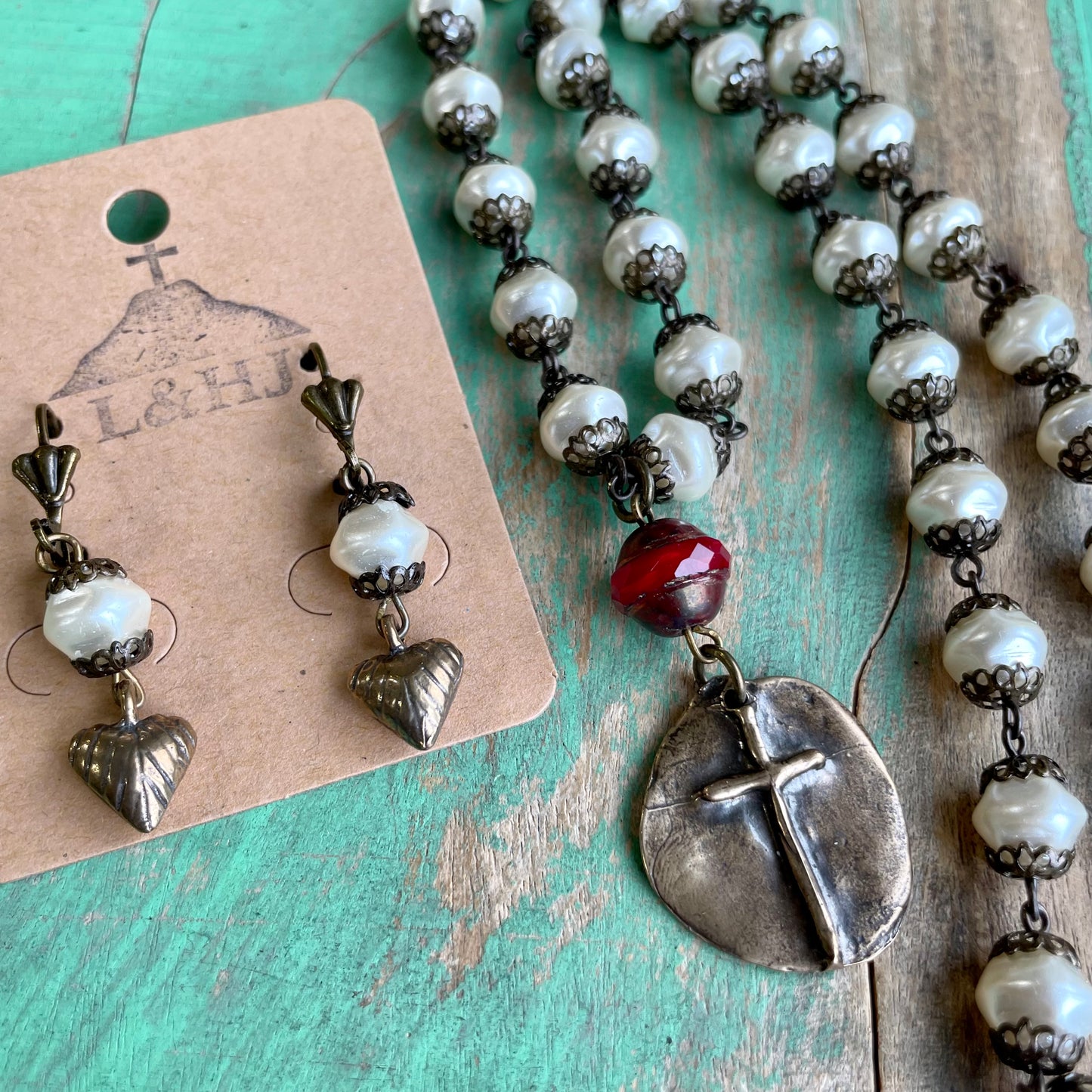 Cross Drop Pearl Necklace Necklace and Earrings