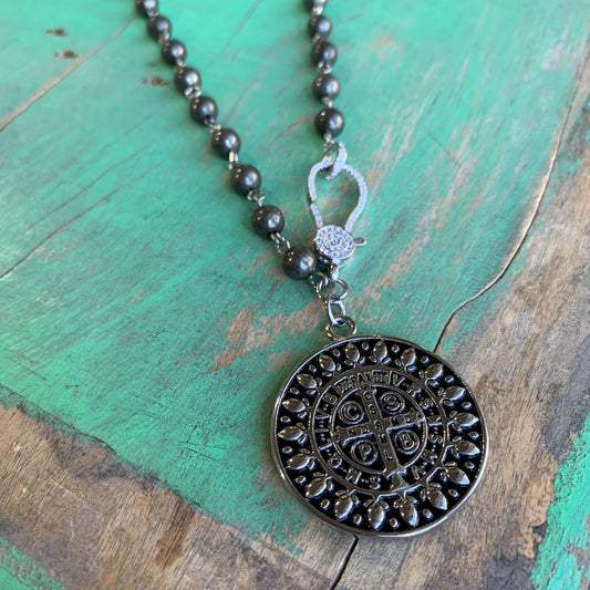 Pyrite St Benedict Clasp Necklace and Earrings