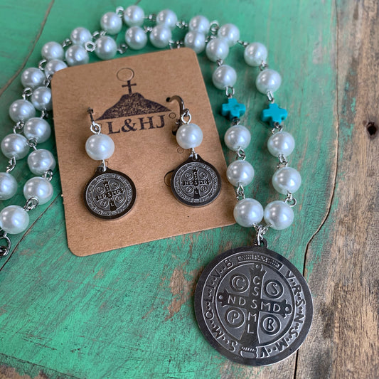 Pearl and Turquoise St Benedict Necklace and Earrings