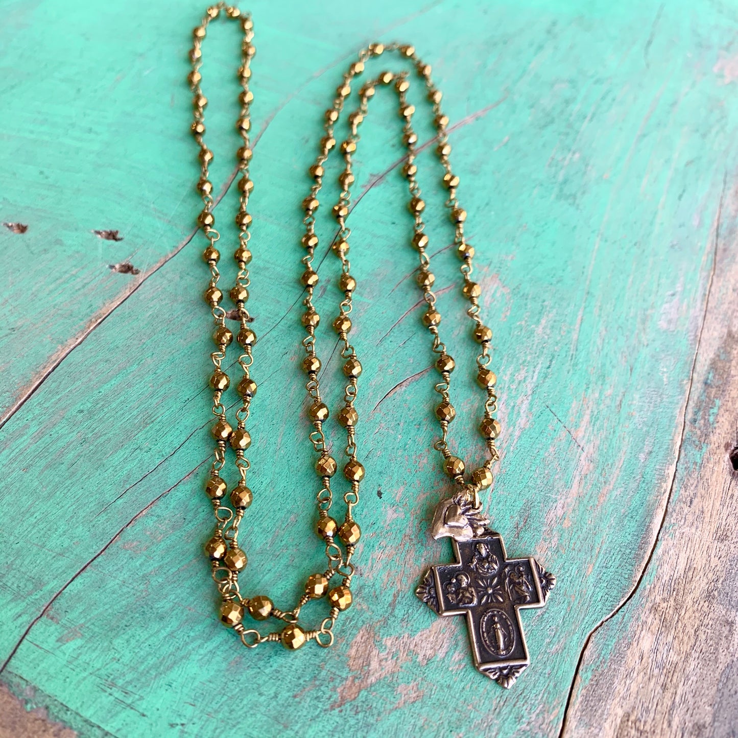 Long Gold Hematite 4 Way Cross Necklace