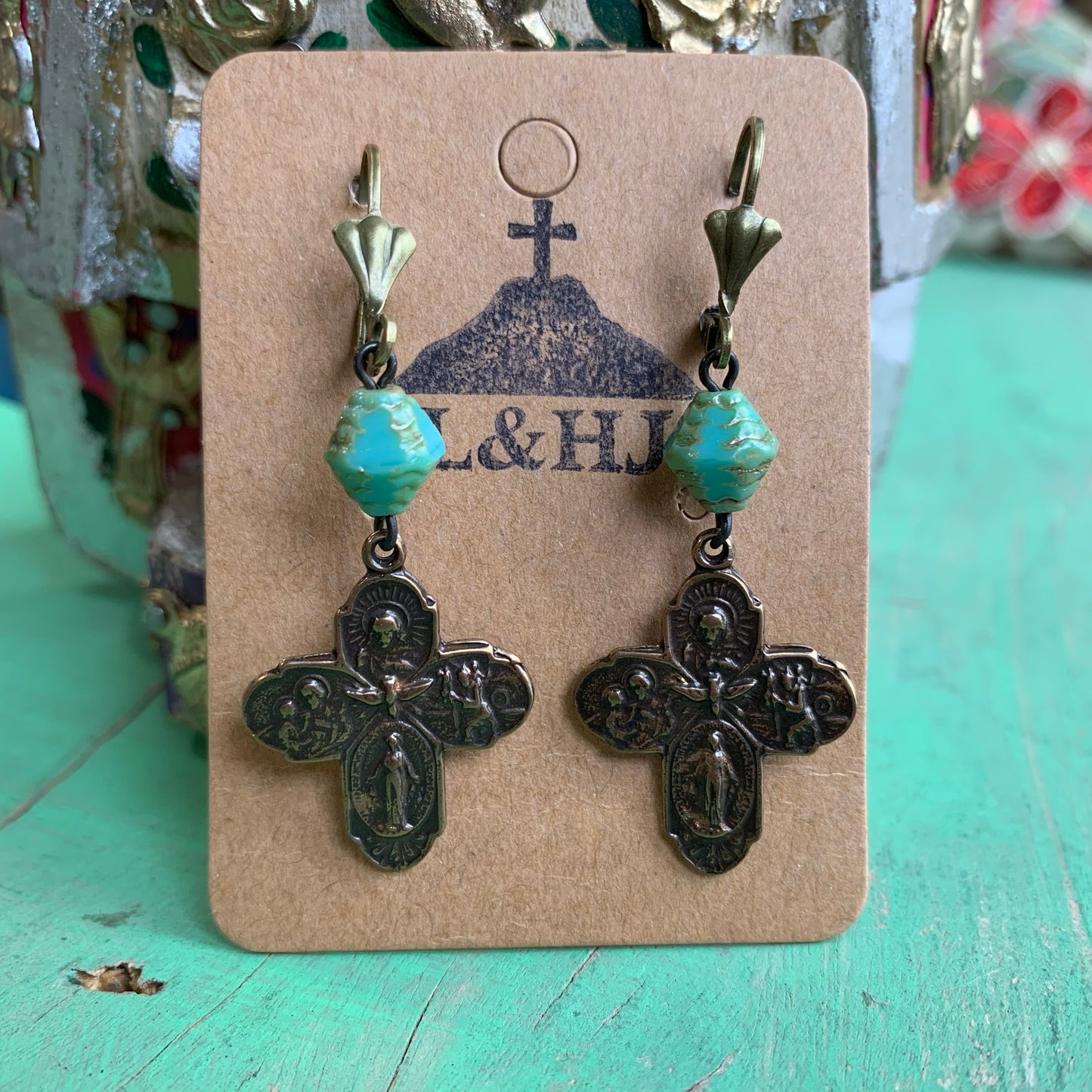 Bronze and Turquoise Five Way Cross Earrings